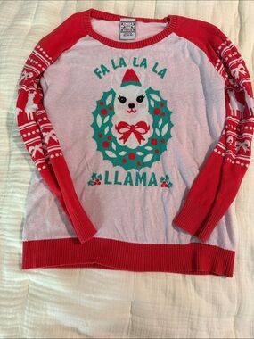 Well Worn 'Fa La La La Llama' Sweater - Red & Light Pink